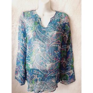 D studio 100% Silk sz small blue Paisley sheer Aristocrat Teacher Y2K Vtg blouse